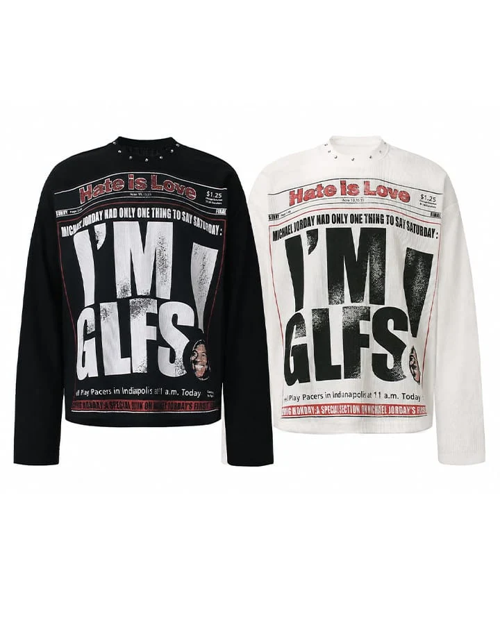 KIIKIO Street Newspaper Graphic Studded Long-Sleeve T-Shirt
