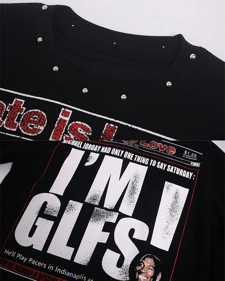 KIIKIO Street Newspaper Graphic Studded Long-Sleeve T-Shirt