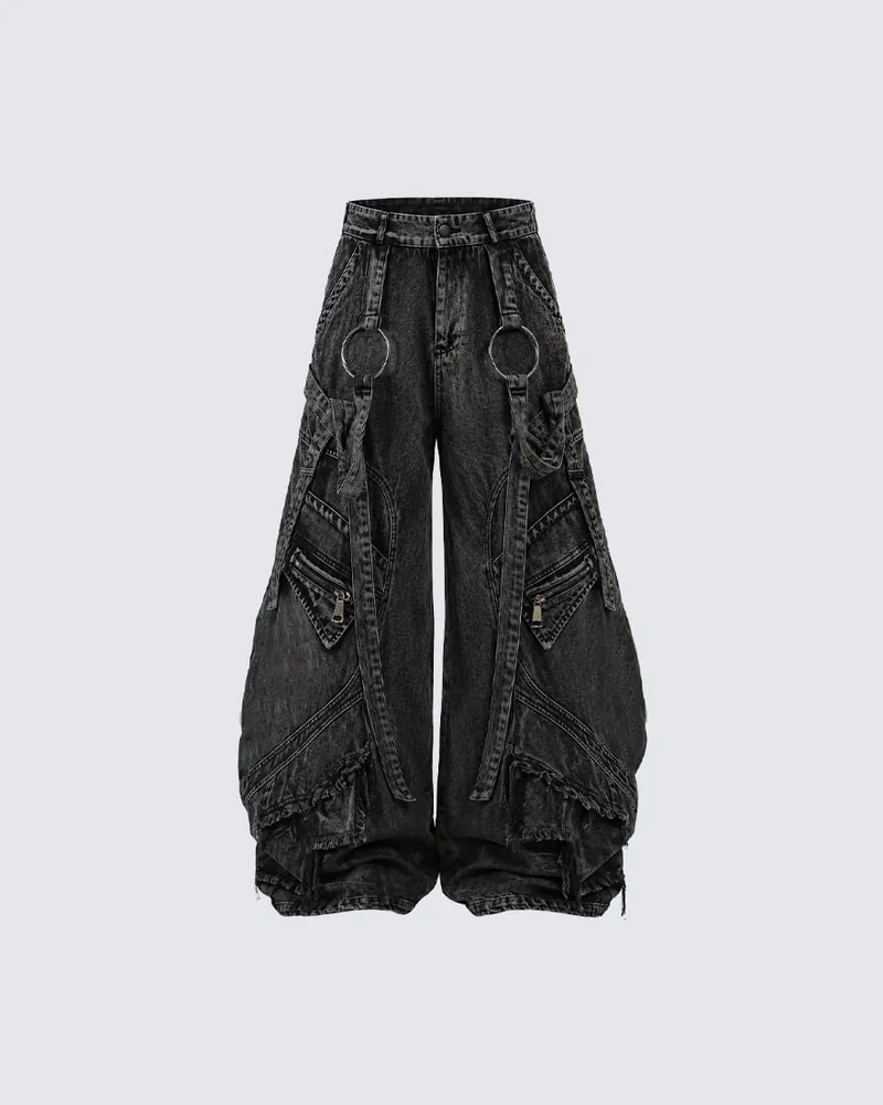KIIKIO Punk Washed Strap Cargo Wide-Leg Jeans