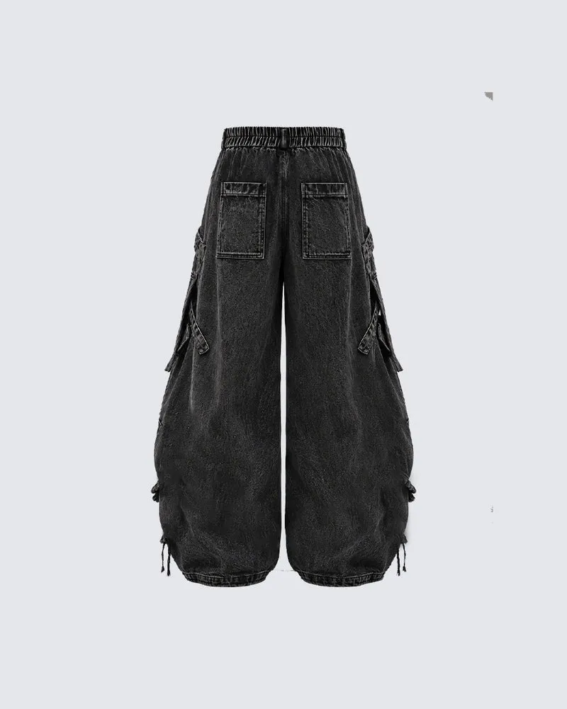 KIIKIO Punk Washed Strap Cargo Wide-Leg Jeans