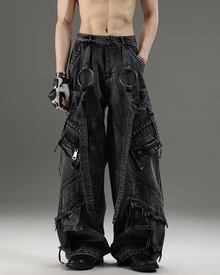 KIIKIO Punk Washed Strap Cargo Wide-Leg Jeans