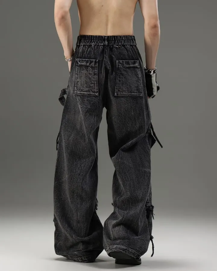 KIIKIO Punk Washed Strap Cargo Wide-Leg Jeans