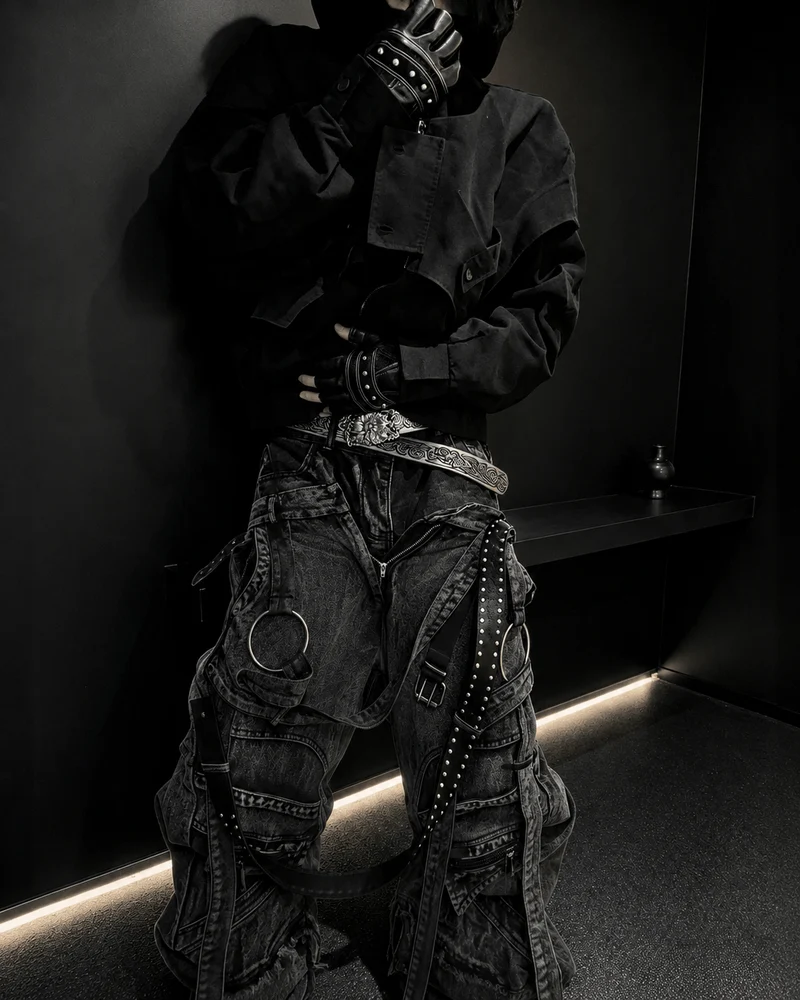 KIIKIO Punk Washed Strap Cargo Wide-Leg Jeans