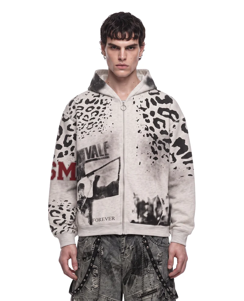 KIIKIO Vintage Leopard Graphic Zip Hoodie