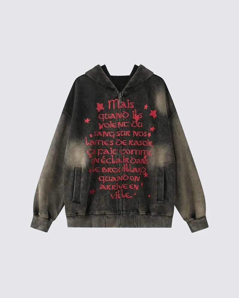 KIIKIO Vintage Washed Red Script Zip Hoodie