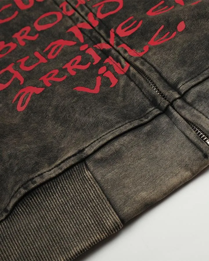 KIIKIO Vintage Washed Red Script Zip Hoodie