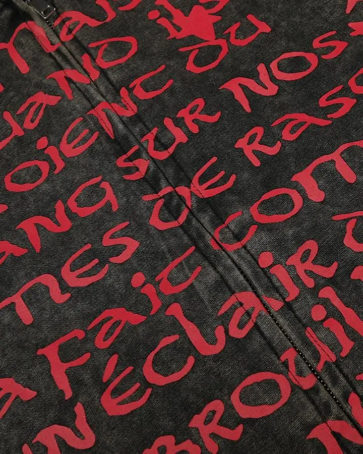 KIIKIO Vintage Washed Red Script Zip Hoodie
