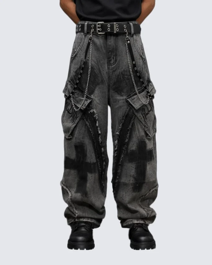 （Clearance）Paint-Splattered Distressed Wide-Leg Jeans