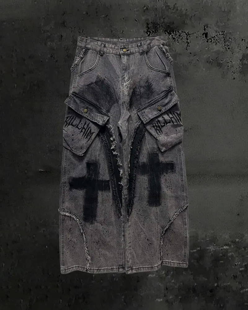 （Clearance）Paint-Splattered Distressed Wide-Leg Jeans