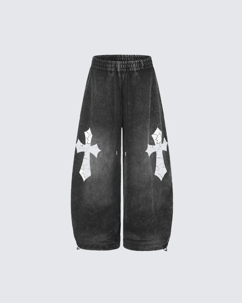 KIIKIO Gothic Washed Cross Wide-Leg Sweatpants