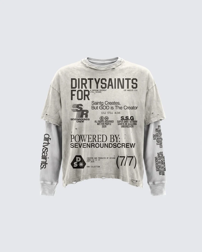 KIIKIO Grunge Distressed Typography Layered Long-Sleeve T-Shirt