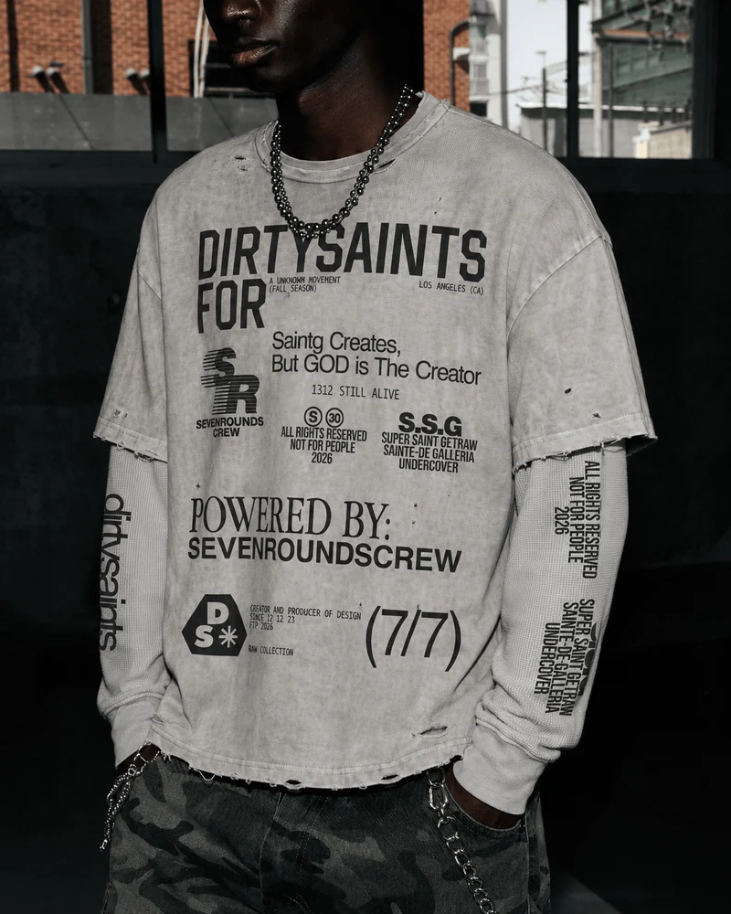 KIIKIO Grunge Distressed Typography Layered Long-Sleeve T-Shirt