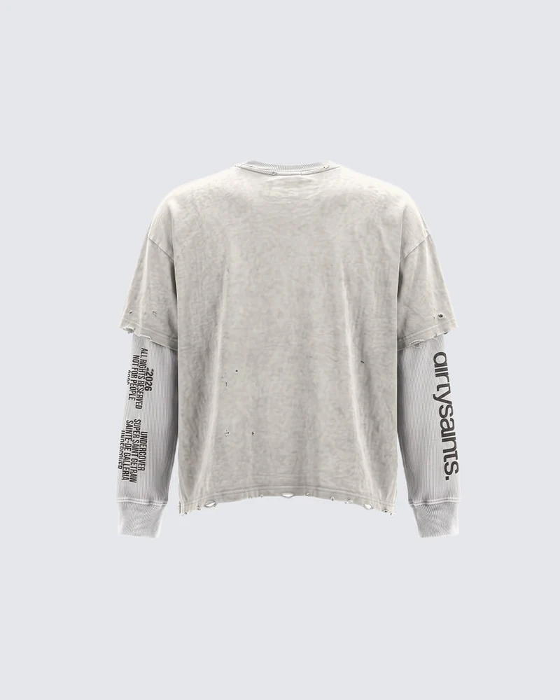 KIIKIO Grunge Distressed Typography Layered Long-Sleeve T-Shirt