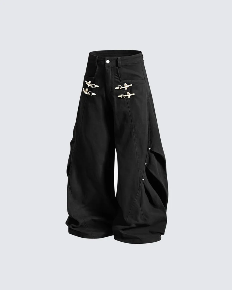 KIIKIO Gothic Buckle Draped Wide Leg Pants