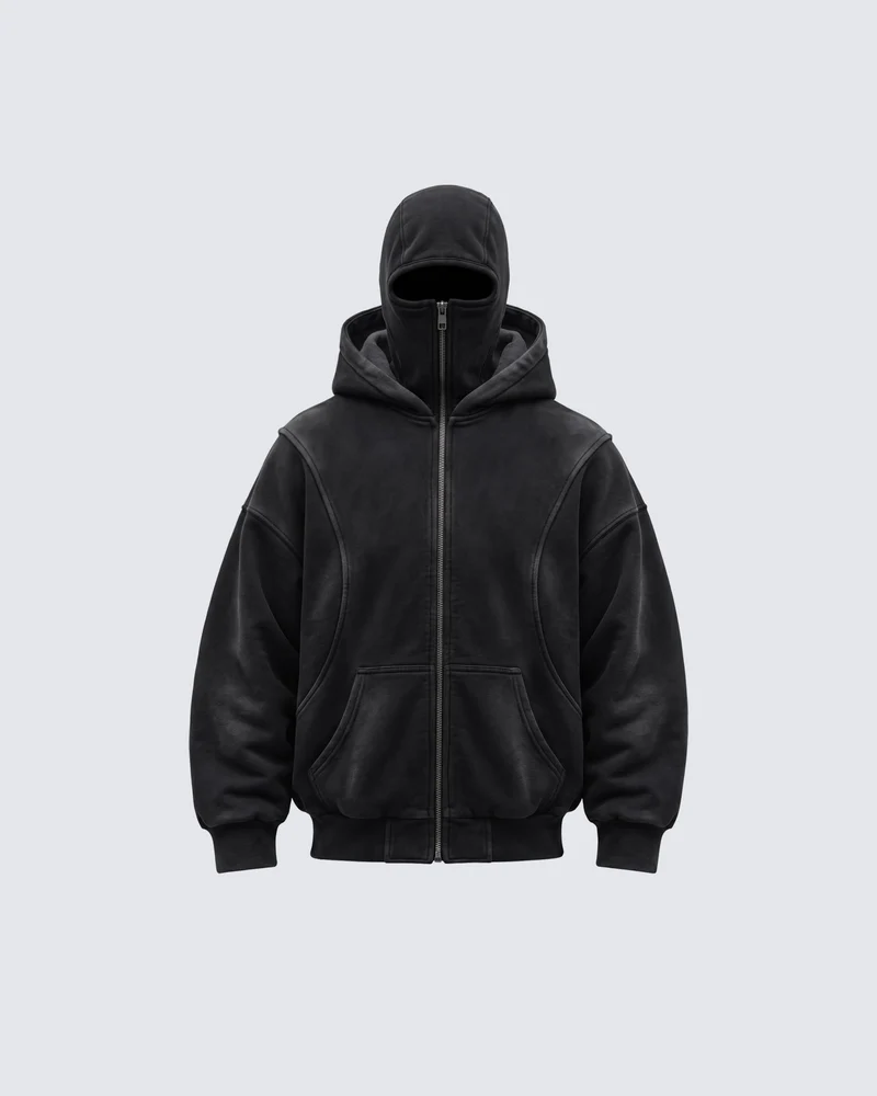 KIIKIO Vintage Washed Balaclava Double Layer Zip-Up Hoodie