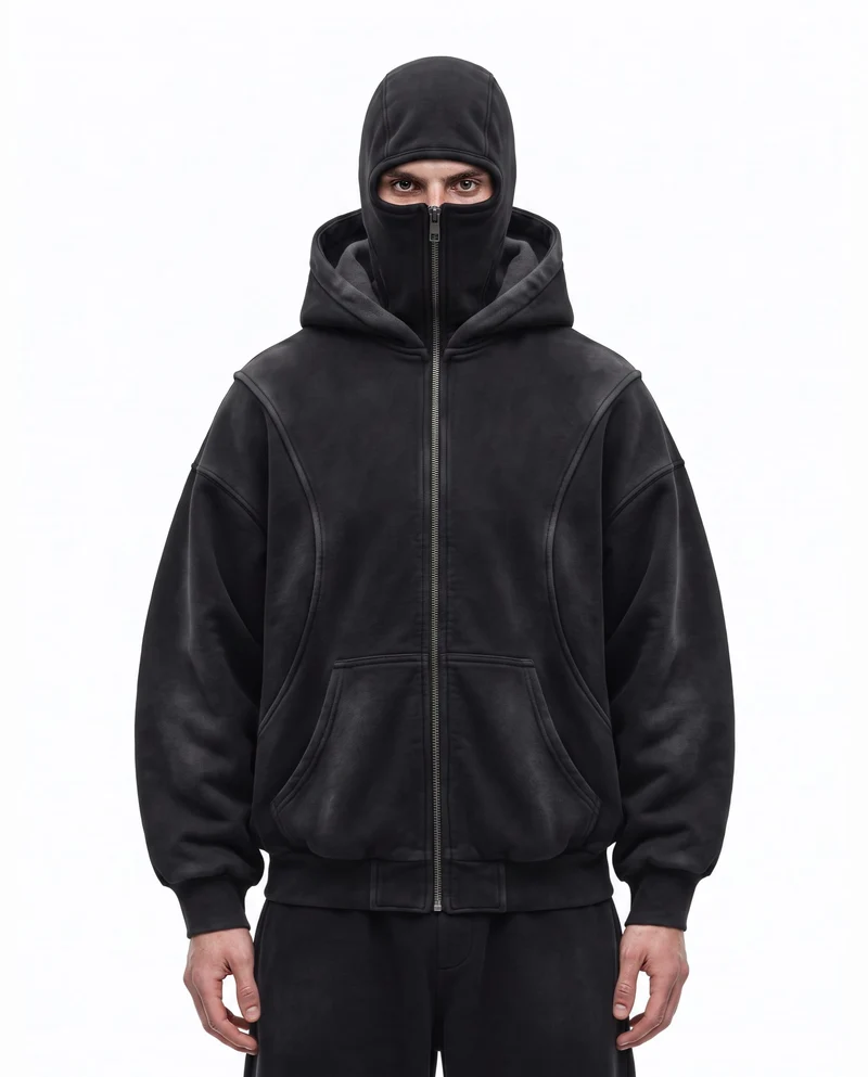 KIIKIO Vintage Washed Balaclava Double Layer Zip-Up Hoodie