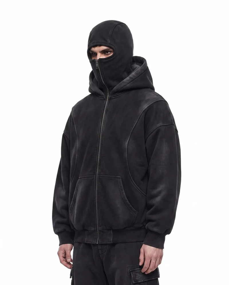 KIIKIO Vintage Washed Balaclava Double Layer Zip-Up Hoodie