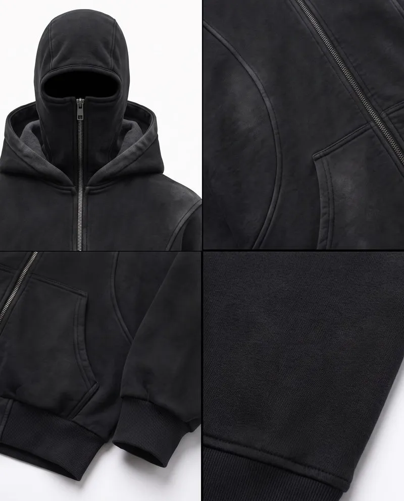 KIIKIO Vintage Washed Balaclava Double Layer Zip-Up Hoodie