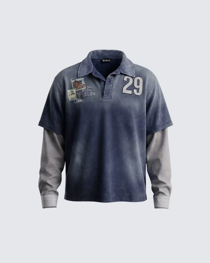KIIKIO Washed Patchwork Polo Long Sleeve