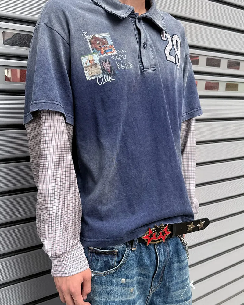 KIIKIO Washed Patchwork Polo Long Sleeve