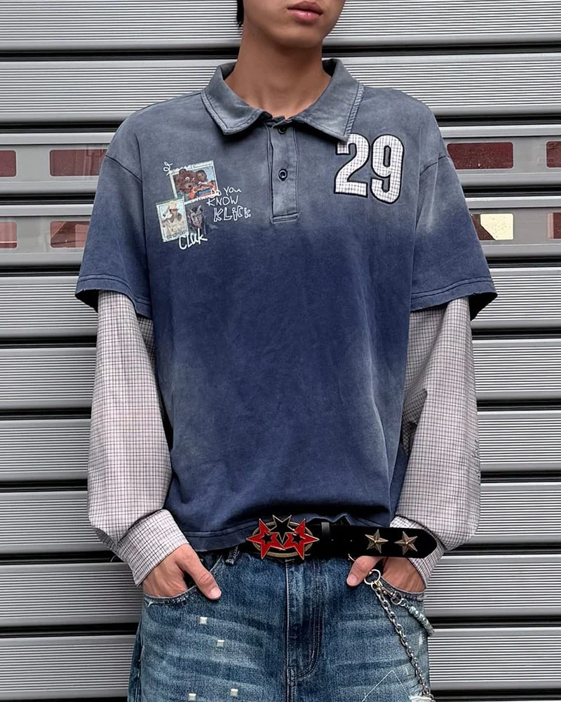 KIIKIO Washed Patchwork Polo Long Sleeve