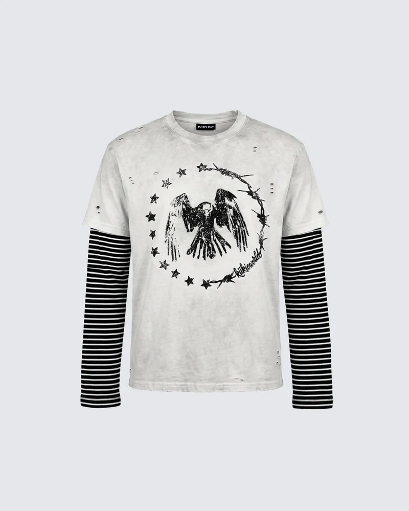 KIIKIOWORLD | Washed Vintage Layered Stripe Sleeve Graphic Tee