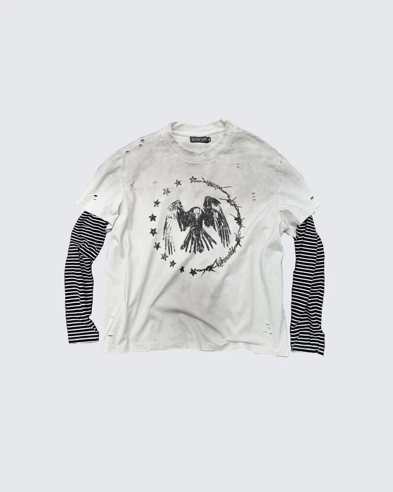 KIIKIOWORLD | Washed Vintage Layered Stripe Sleeve Graphic Tee