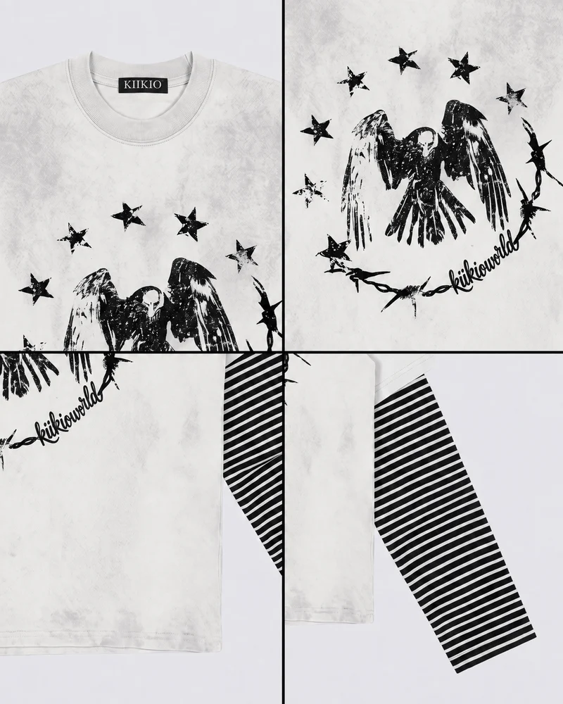 KIIKIOWORLD | Washed Vintage Layered Stripe Sleeve Graphic Tee
