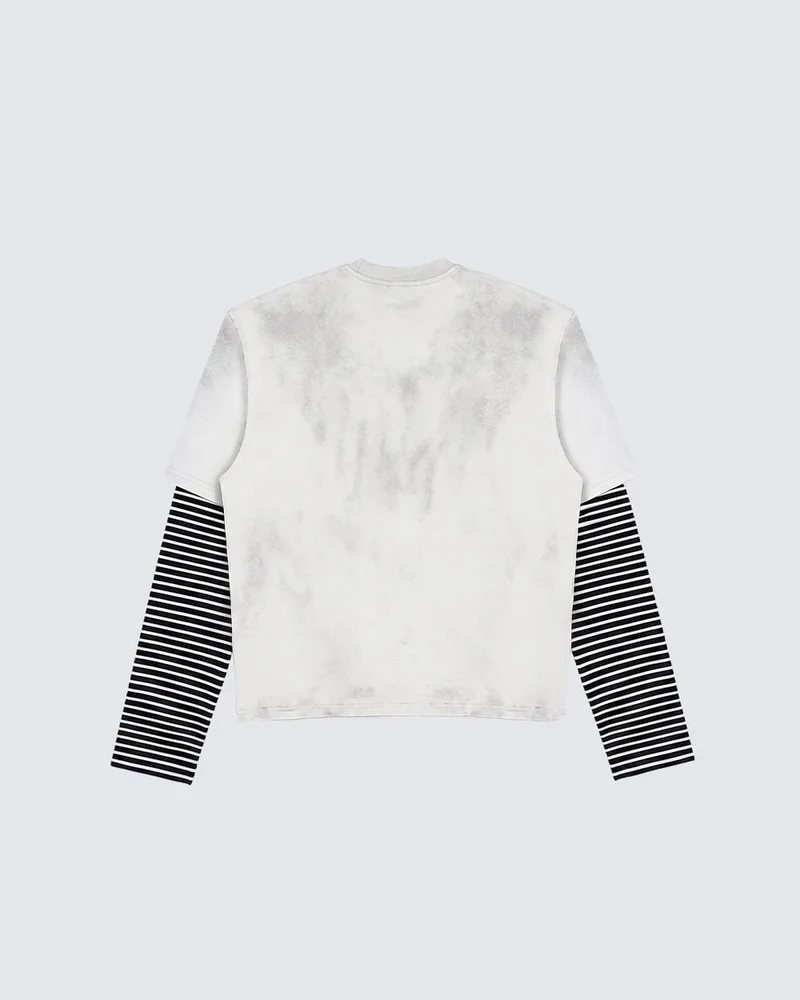 KIIKIOWORLD | Washed Vintage Layered Stripe Sleeve Graphic Tee