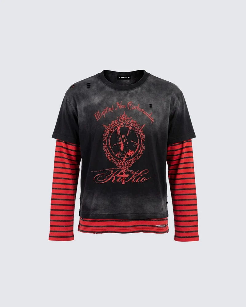 KIIKIO Gothic Washed Layered Graphic Long-Sleeve T-Shirt