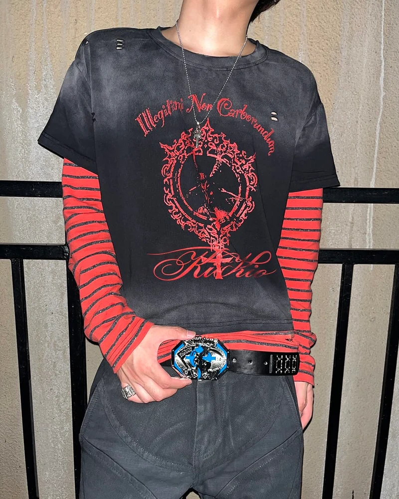 KIIKIO Gothic Washed Layered Graphic Long-Sleeve T-Shirt