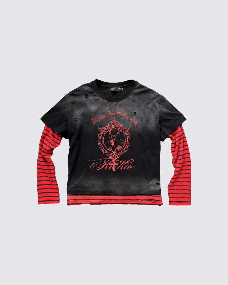 KIIKIO Gothic Washed Layered Graphic Long-Sleeve T-Shirt