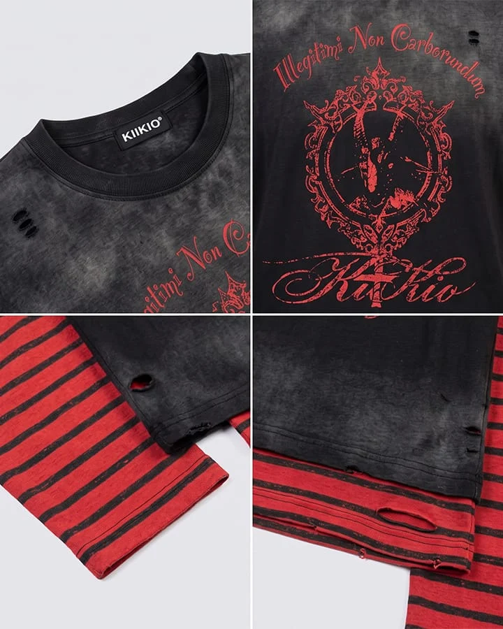 KIIKIO Gothic Washed Layered Graphic Long-Sleeve T-Shirt