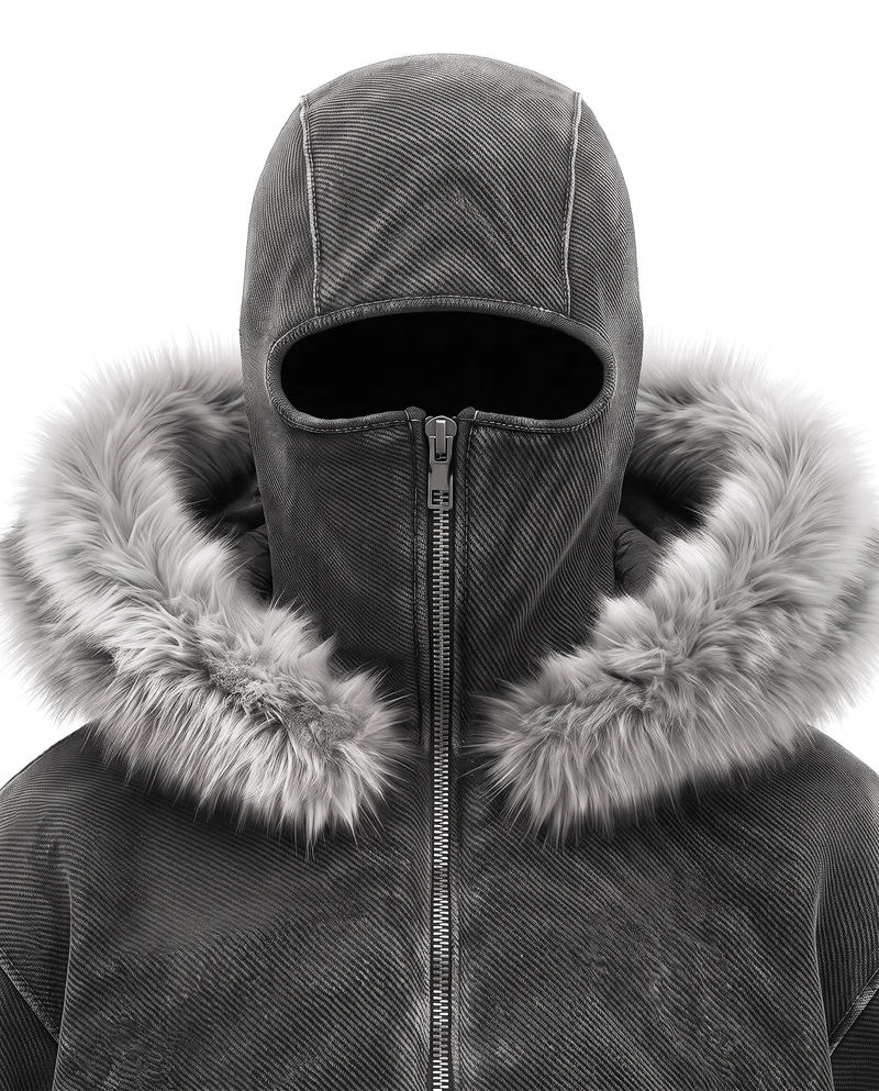 KIIKIO Vintage Fur-Trim Balaclava Utility Jacket