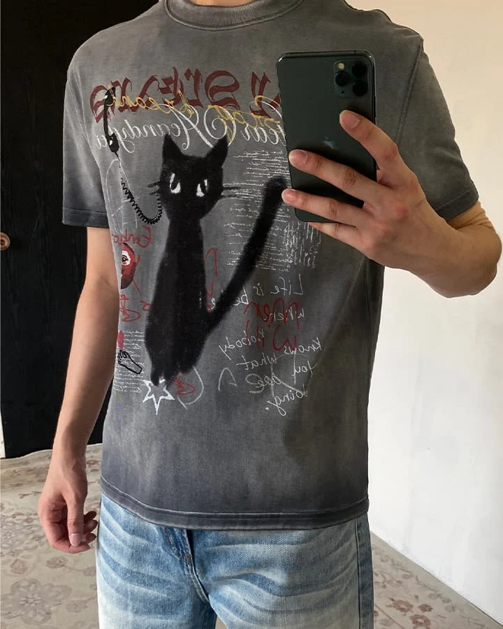 KIIKIO Vintage Washed Cat Graphic Streetwear T-Shirt