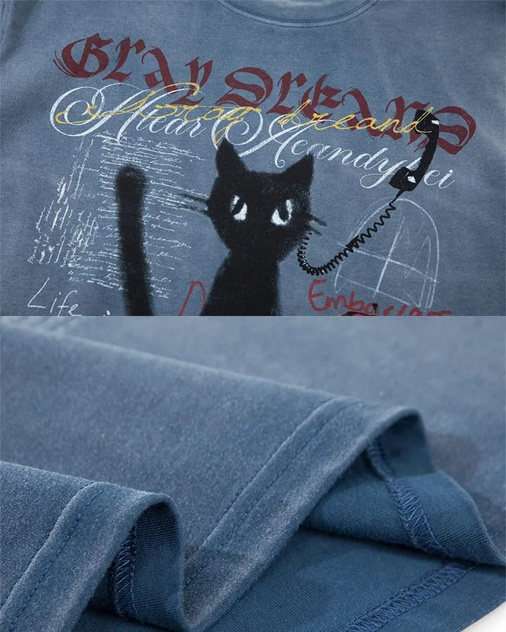 KIIKIO Vintage Washed Cat Graphic Streetwear T-Shirt