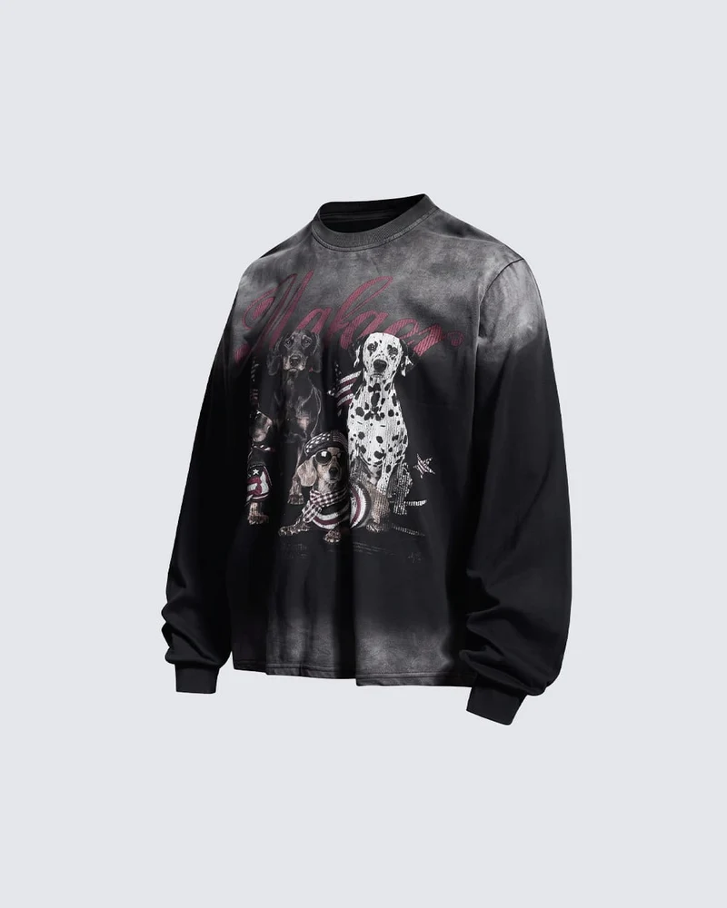 KIIKIO Vintage Washed Dog Graphic Long-Sleeve T-Shirt