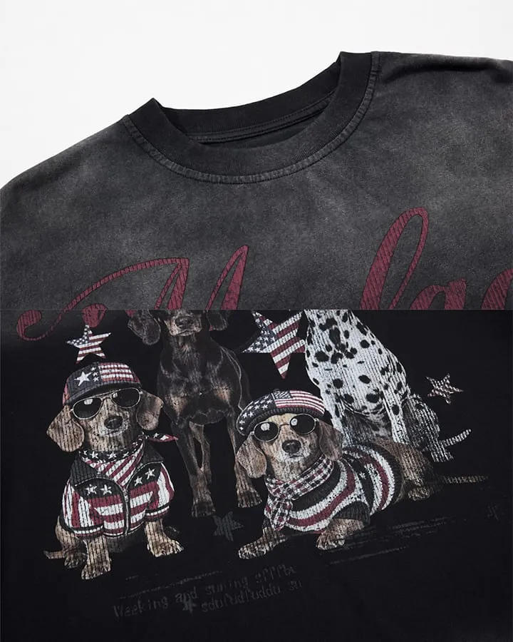 KIIKIO Vintage Washed Dog Graphic Long-Sleeve T-Shirt