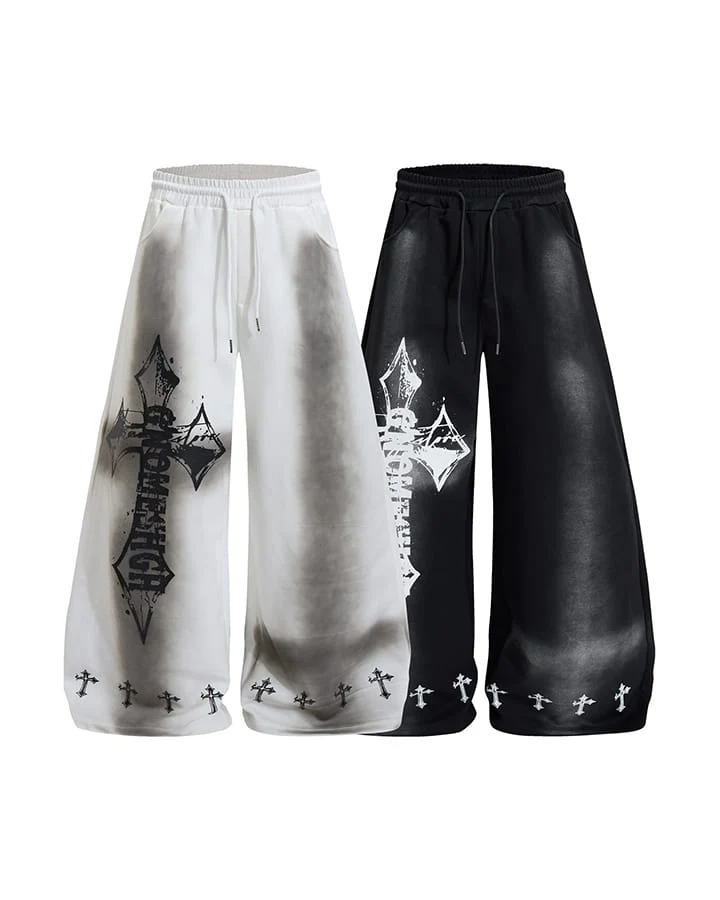 KIIKIO Gothic Washed Cross Graphic Wide-Leg Pants