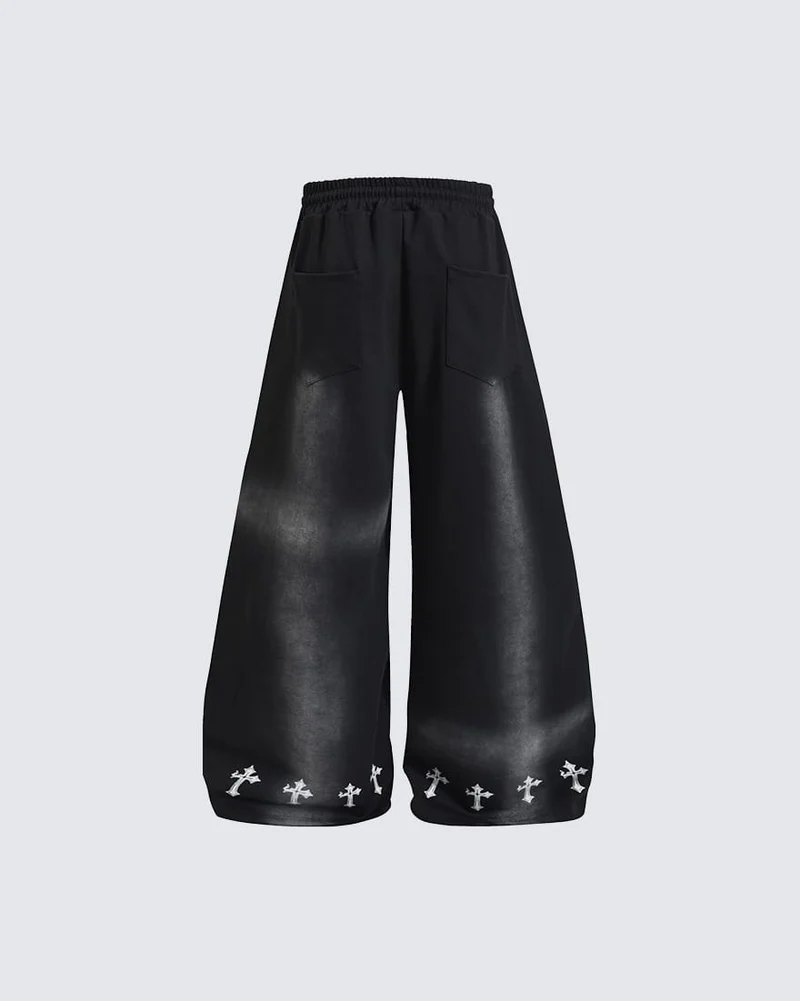 KIIKIO Gothic Washed Cross Graphic Wide-Leg Pants