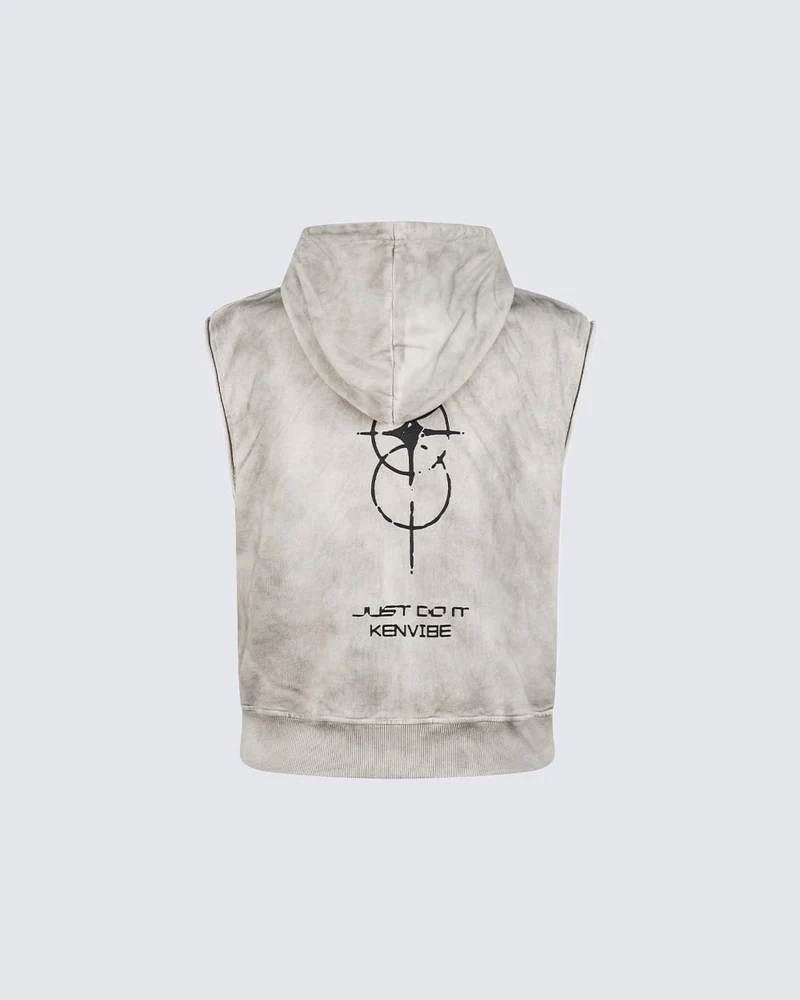 KIIKIO Vintage Washed Embroidered Sleeveless Zip Hoodie