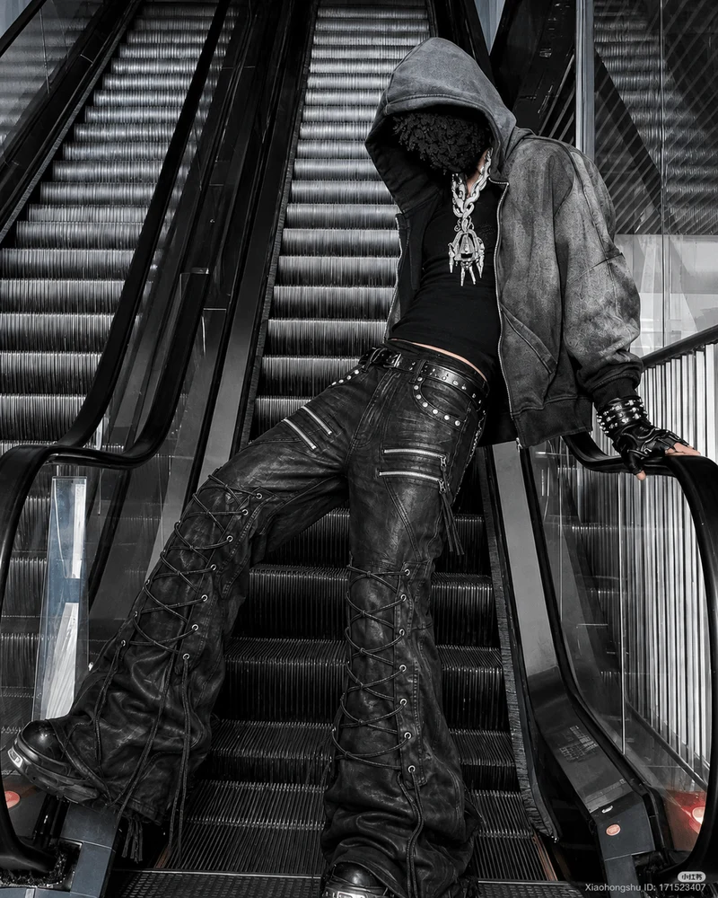 KIIKIO Gothic Washed Lace-Up Flared Black Pants