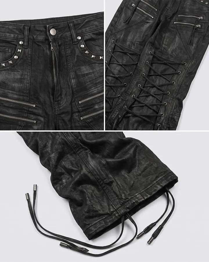 KIIKIO Gothic Washed Lace-Up Flared Black Pants