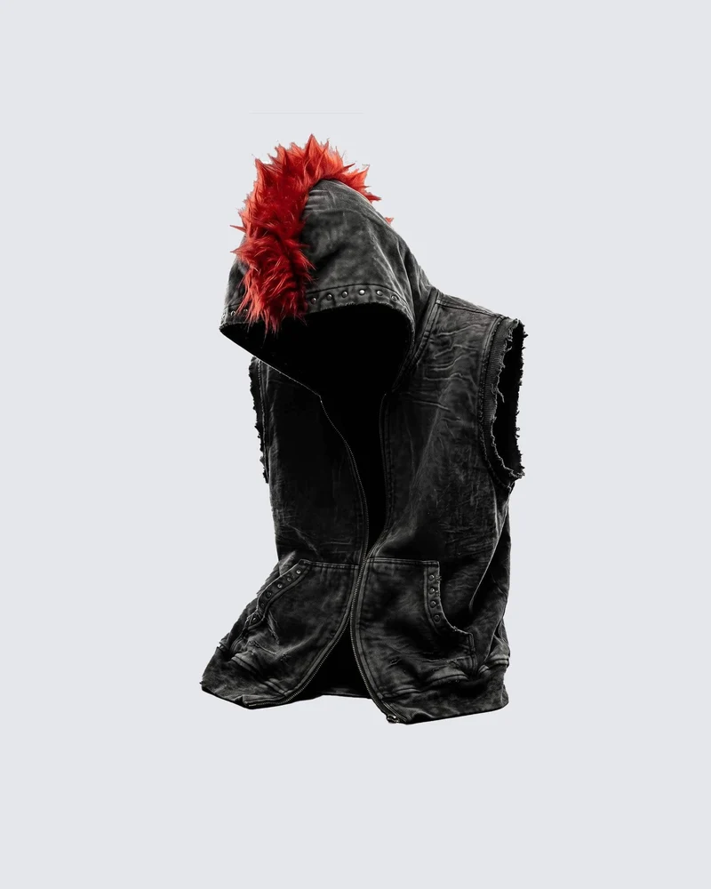 KIIKIO RED RUST Series | Distressed Denim Hooded Vest
