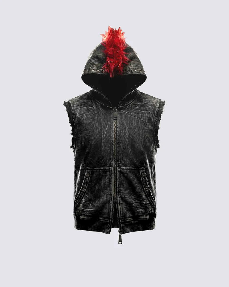 KIIKIO RED RUST Series | Distressed Denim Hooded Vest