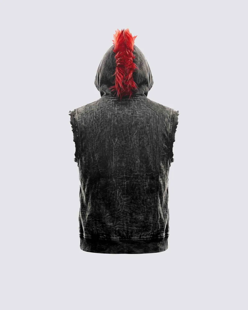 KIIKIO RED RUST Series | Distressed Denim Hooded Vest
