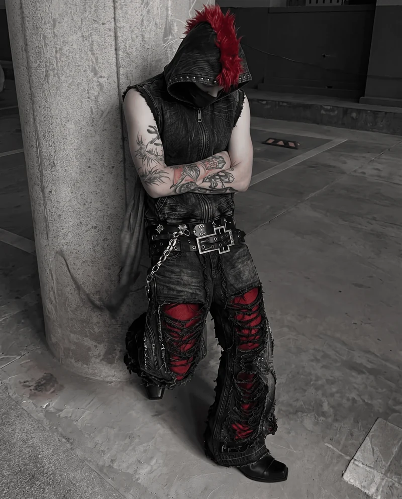 KIIKIO RED RUST Series | Distressed Denim Hooded Vest