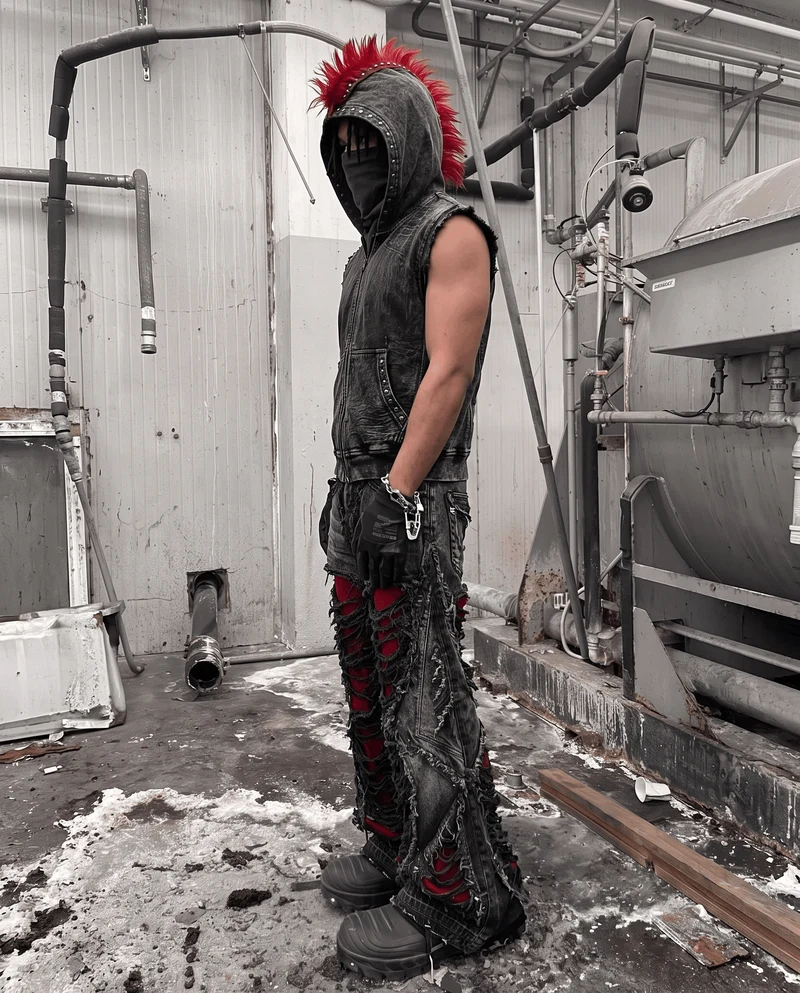 KIIKIO RED RUST Series | Distressed Denim Hooded Vest