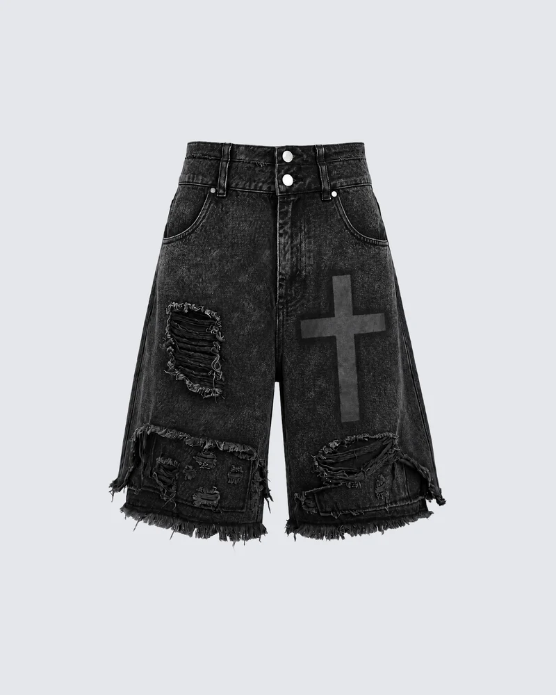KIIKIO Distressed Cross Graphic Denim Shorts