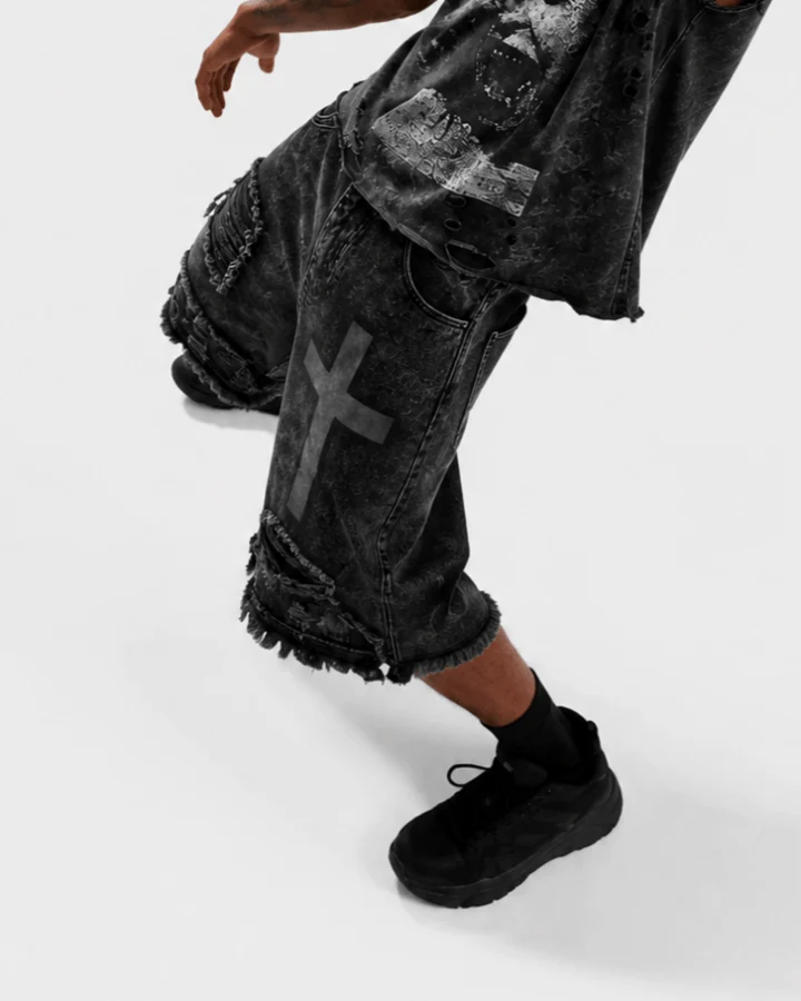 KIIKIO Distressed Cross Graphic Denim Shorts
